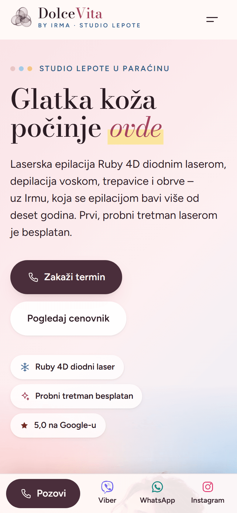 Irmadolcevita.com na mobitelu: naslov, gumbi „Zakaži termin” i „Pogledaj cenovnik”, tri istaknute oznake i traka za rezervaciju s gumbima Pozovi, Viber, WhatsApp i Instagram