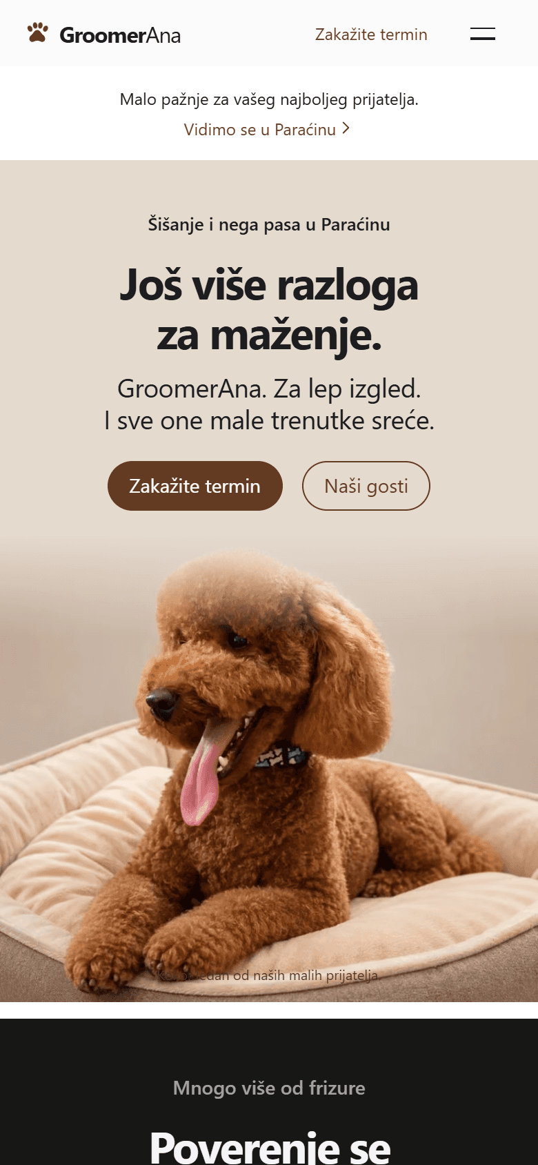 Groomerana.rs na mobitelu: naslov, gumbi za termin i galeriju, zatim fotografija pudle Koko